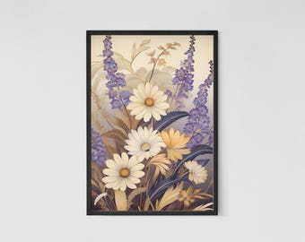 Daisy & Lavender Botanical Print: Japanese Floral Art (Digital Download)