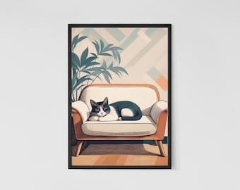 Mid-Century Modern Cat on Sofa Line Art Print (Digital Download)