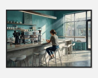 Op Edward Hopper geïnspireerde moderne café-espressobar ingelijste print | Groenblauwe muren zonovergoten kunst
