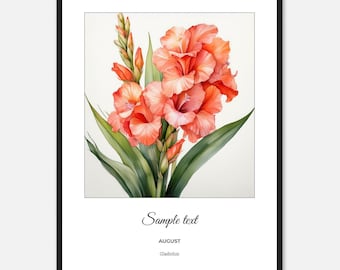 Gepersonaliseerde ingelijste bloemenprint augustus geboorte: gladiolen aquarelkunst