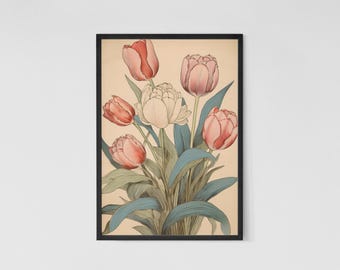 Tulip Bouquet Print: Pastel Japanese Woodblock Floral Art (Digital Download)