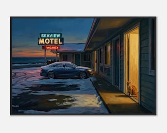 Edward Hopper-inspirierter gerahmter Seaside Cottage Druck | Orange Katze bei Abenddämmerung Wall Art