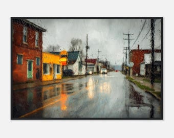 Edward Hopper-Inspired Framed City Window Print | Rainy Night Wall Art