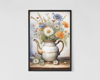 Wildflower Pitcher Watercolor Print: Vintage Cottagecore Art (Digital Download)