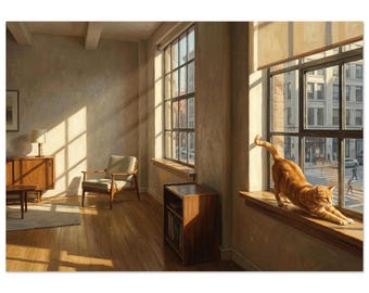 Cat Window Wall Art Print | Ginger Cat in Sunlit Apartment | Cozy Modern Interior Decor