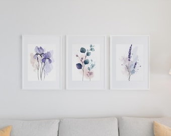 Minimalistische botanische printset: aquarel lavendel, eucalyptus en iris (digitale download)