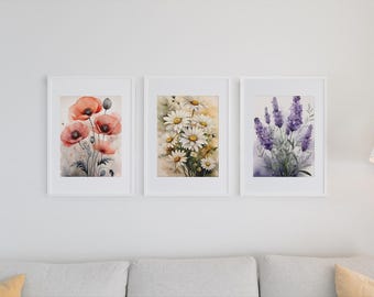 Set di stampe ad acquerello di fiori selvatici: margherita, papavero, lavanda (download digitale)