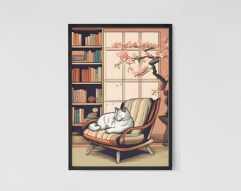 Mid-Century Cat Art Print: Bookshelf, Lounge Chair (Digital Download)