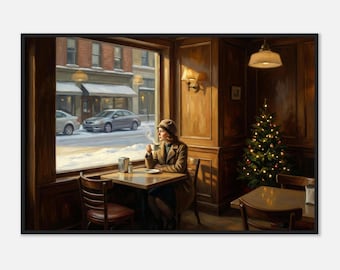 Op Edward Hopper geïnspireerde ochtendcafé ingelijste print | Kerstkunst in de winterkoffieshop