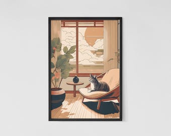 Mid-Century Modern Cat Art Print: Japanese Style Illustration (Digital Download)