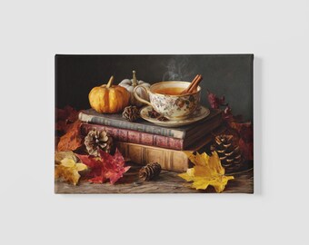 Cottagecore-herfstprint: pompoenen, thee, boeken (digitale download)