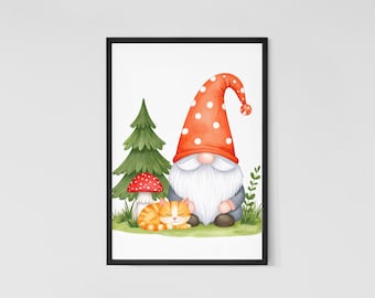 Nisse-kabouterprint: Scandinavische folklorekunst, gezellige kinderkamerinrichting (digitale download)