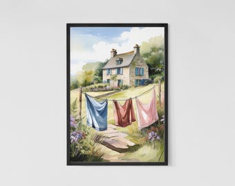 Cottagecore Clothesline Print: Laundry Day Watercolor Art (Digital Download)