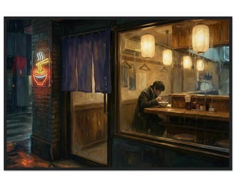 Edward Hopper-Inspired Rainy Ramen Shop Night Framed Print | Neon Noodle Sign City Art
