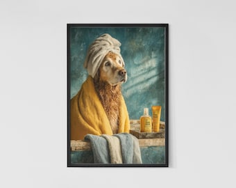 Grappige Golden Retriever Spa Day Art Print: grillige badkamerdecor hond (digitale download)