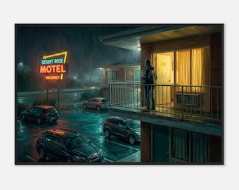 Op Edward Hopper geïnspireerde Desert Rose Motel Night ingelijste print | Regenachtige neonreclamekunst