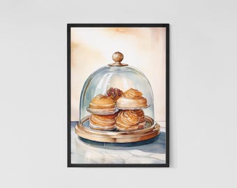 French Pastry Watercolor Print: Croissants & Cloche (Digital Download)