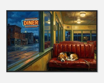 Impresión enmarcada "Una noche acogedora en un restaurante" inspirada en Edward Hopper / Arte de pared "Lone Beagle Booth"