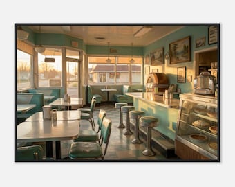 Op Edward Hopper geïnspireerde zonsondergang diner ingelijste print | Vintage Americana muurkunst