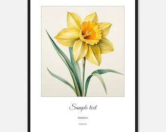 Gepersonaliseerde ingelijste bloemenprint maart geboorte: gele narcis, botanische kunst