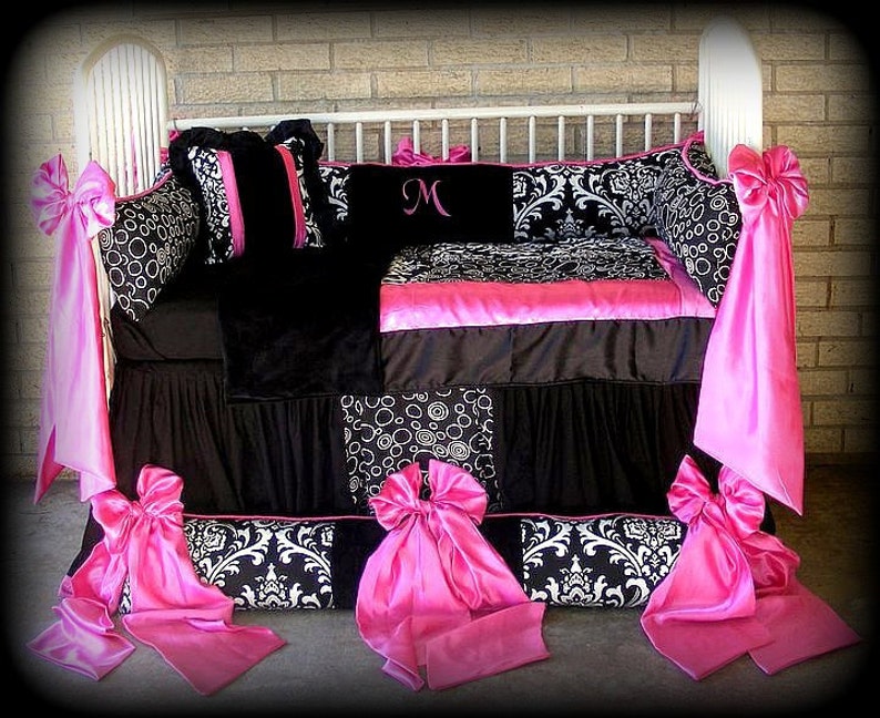Custom Made Baby N Toddler Bedding Black White Damask Polka Dots Hot Pink Satin Bows Trim