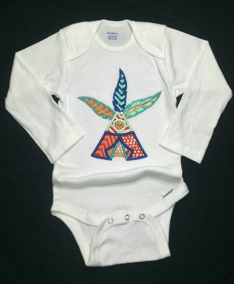 Native baby Boy White onesie Thanksgiving applique Tee Pee feathers 12 mos 6 mos 3 to 9 mos 12mos NB 2T 3T handmade short long sleeve nice