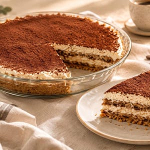 Op de afbeelding: Een ronde tiramisu-taart in een doorzichtige glazen schaal met een enkel stukje geserveerd op een klein bord. Het dessert heeft een goudbruine korst, lagen crème en een bestuiving van donkerbruin cacaopoeder op de bovenkant.