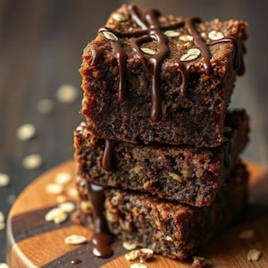 May include: A stack of three square, dark brown brownies drizzled with chocolate sauce. The brownies have visible oats and are sitting on a wooden cutting board. The background is a blurred, dark brown.