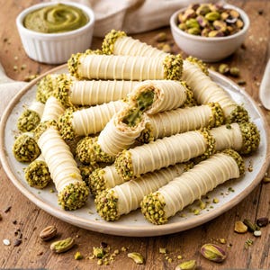 Op de afbeelding: Een bord met cilindervormige gebakrolletjes bedekt met witte chocolade en bestrooid met gehakte groene pistachenoten. Eén rolletje is doormidden gebroken en toont een vulling van groene pistachecrème. Kleine schaaltjes met crème en noten staan ernaast.