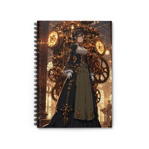 May include: Spiral-bound notebook with a steampunk illustration. The image shows a woman in a Victorian dress in front of a large clockwork mechanism. The colour scheme includes gold, black, and olive green, creating a vintage aesthetic.