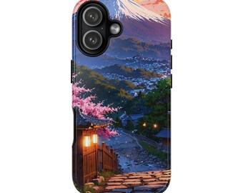 Capa resistente para celular com paisagem de sakura e vista do caminho ao pôr do sol no Monte Fuji