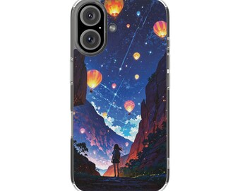 May include: Clear phone case featuring a vibrant illustration of a starry night sky with hot air balloons. A figure stands on a path between canyon walls. The balloons are orange and yellow, and the sky is a deep blue.