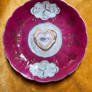 Vintage upcycled tea saucer / Lover&#39;s Eye / gold / maroon / blue eye / unique / china / plate / dishes / gift for her