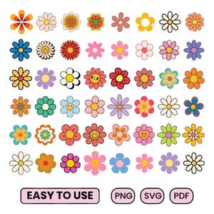 Retro Flowers Svg, Clipart Kwiatowy, Plik Cięcia Kwiatu Stokrotki, Boho Flower Svg, Pakiet Kwiatów Svg, Kwiatowy PNG, Pliki Svg Dla Cricut, Natychmiastowe Pobieranie