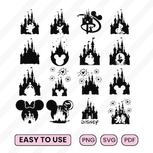 Paquete de svg de castillo, svg de princesa, clipart de castillo, Mickey mouse con cabeza de corazón, svg de reino mágico, archivos de corte para silueta de cricut