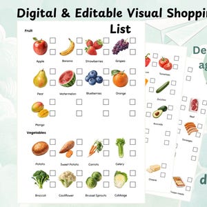May include: A printable grocery list with tick boxes for various fruits and vegetables. The list includes items such as apples, bananas, strawberries, grapes, pears, watermelon, blueberries, oranges, mango, potatoes, sweet potatoes, carrots, celery, broccoli, cauliflower, brussel sprouts, and cabbage. The list is designed for all ages and skill levels and is available for instant download.