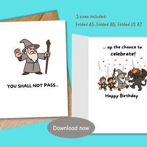May include: Two greeting cards with illustrations and text. One card features a wizard with the text "YOU SHALL NOT PASS...". The other card says "...up the chance to celebrate! Happy Birthday". The cards are on a brown envelope.