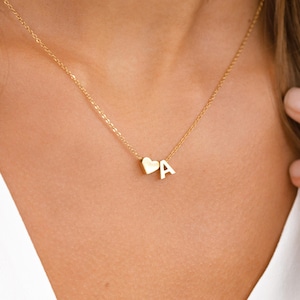 Minimalist Heart Necklace With Initial Charm Personalized Jewelry Gold 18K Finish Custom Letter Necklace Gift For Her Wife Mom