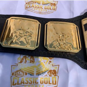 May include: A gold-colored wrestling championship belt with a black leather strap. The belt features gold rectangular plates with detailed relief images of wrestlers. The text "CLASSIC GOLD SPORTS" is visible in the background.