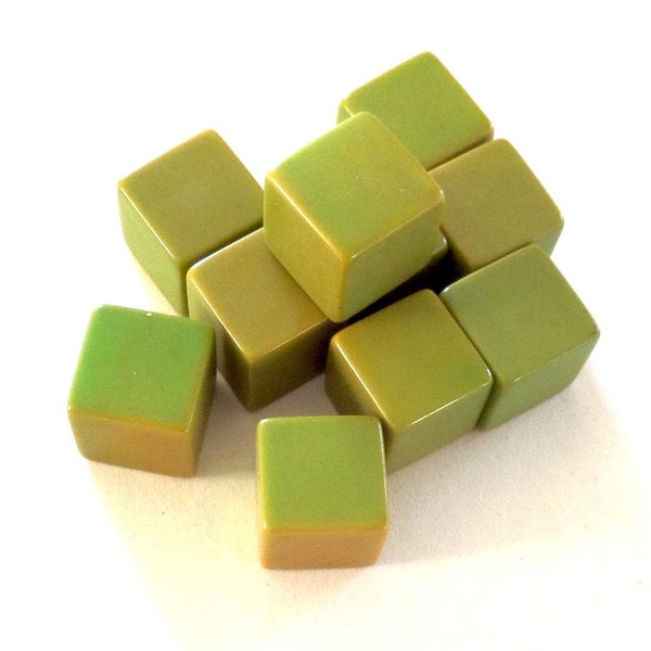 vintage Lot 10 Factory Blank CATALIN Cubes Dés Or Vert 1/2"(11mm)carré par Bakélite