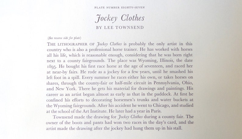 LEE TOWNSEND Jockey Clothes 1939 Vintage Lithograph Art Print image 4