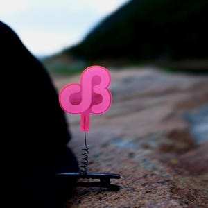 May include: A pink, stylized letter 'dB' design on a black wire stand with a spring base. The decorative piece is set against a blurred natural background of rocks and greenery.