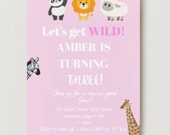 WILD Animal Safari-verjaardagsuitnodiging bewerkbare canvassjabloon 3e verjaardag