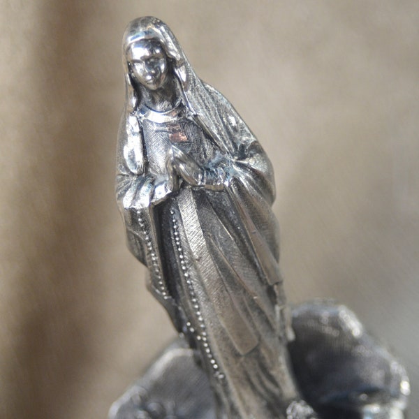 Lourdes Bernadette and Mother Mary at the Grotto Art Deco Statuette 1920s Souvenir Notre Dame Lourdes France Music Box Spelter Metal