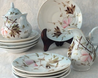 Adorable Child&#39;s Tea Set Dishes Cream Sugar Nine Plates Delicate Pink Green Flower Transfer-ware Mint 1950s