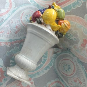 Vintage Ceramic Fruit Topiary Footed Vase of Cornucopia  Fruit Bright Bananas, Pear, Pomegranate, Lemon, Grapes Italian Majolica Style 1950s