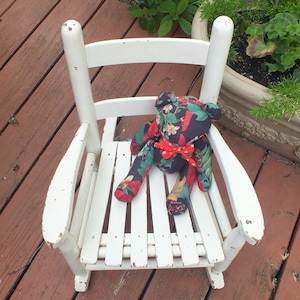 Vintage Baby Rocking Chair Farmhouse Charm, 21 in. Tall, White, Oak Wood, Plus Calico Hand Sewn Teddy Bear