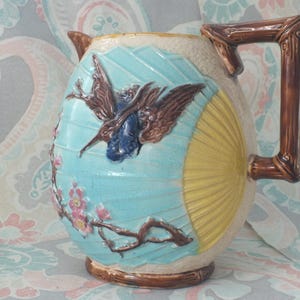 Majolica Pitcher James Wardle Co Pottery Antique English 1880s Crane Butterfly Fan Stunning Oriental Design Rare Almost Mint