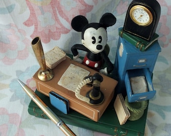Vintage 1930’s “Mickey Mouse at the Office” Figurine, Mickey, Desk, Filing Cabinet with Colibrl Pen, Disney Logo, Rare Collectable