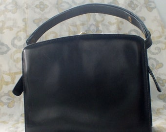 Dofan Leather Handbag, Vintage Mid-Century Fabulous French Sable Black Genuine Leather, Brass Accents, Hand Carry or Shoulder Carry